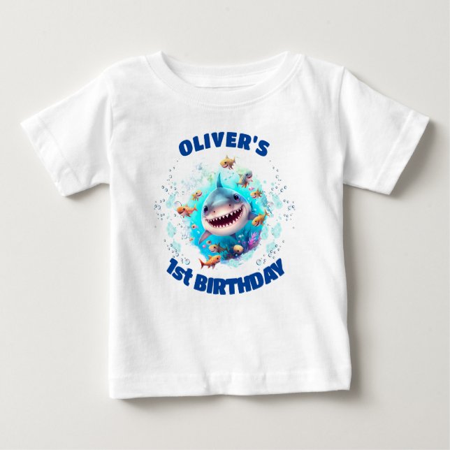Niedlich Shark Birthday Personalisiert Boy Baby T-shirt (Vorderseite)