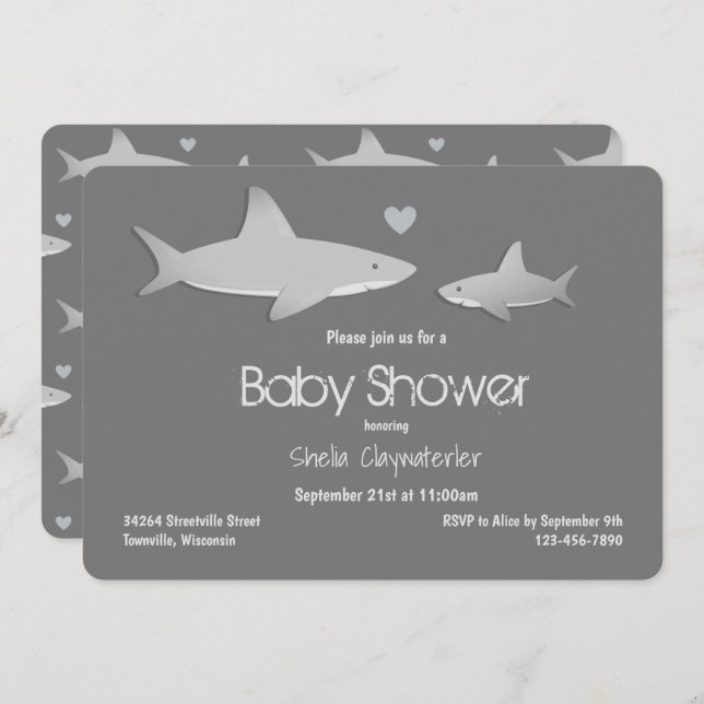 Niedlich Shark Gray Baby Dusche Einladung (Vorne/Hinten)