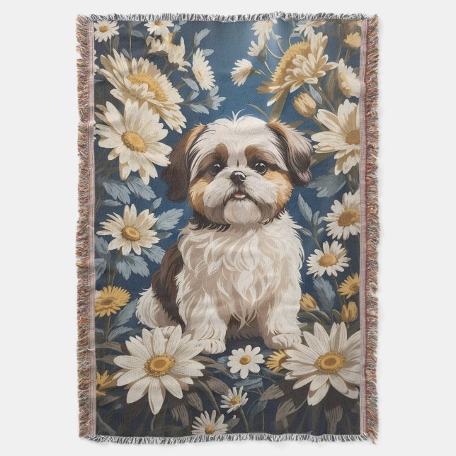Niedlich Shih Tzu Dog White Daisy Blume Decke (Vorderseite Vertikal)
