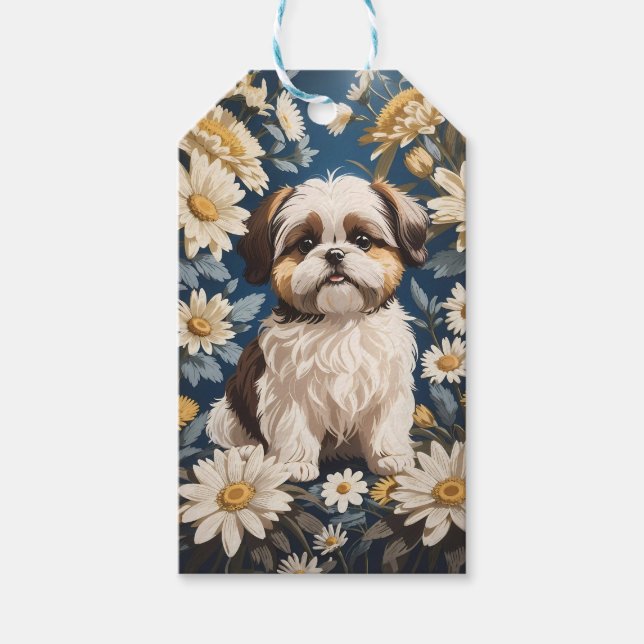 Niedlich Shih Tzu Dog White Daisy Blume Geschenkanhänger (Vorderseite)