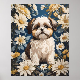 Niedlich Shih Tzu Dog White Daisy Blume Poster