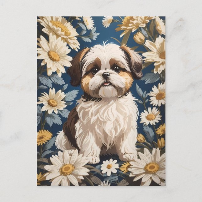 Niedlich Shih Tzu Dog White Daisy Blume Postkarte (Vorderseite)