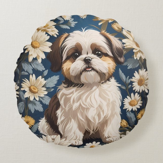 Niedlich Shih Tzu Dog White Daisy Blume Rundes Kissen (Vorderseite)