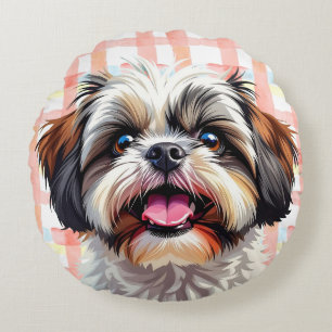 Niedlich Shih Tzu Pink Kariert Rundes Kissen