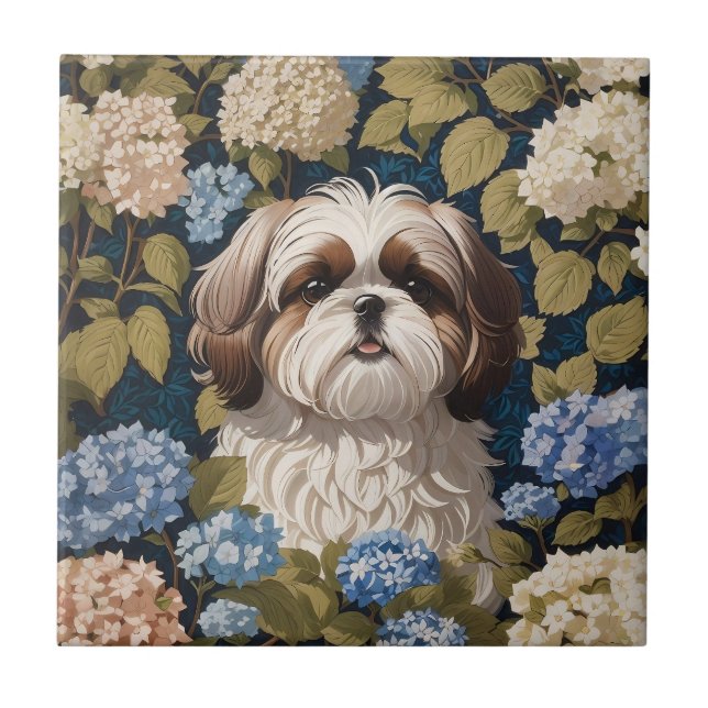 Niedlich Shih Tzu Puppy Blue Hydrangea Blume Fliese (Vorderseite)