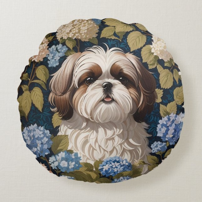 Niedlich Shih Tzu Puppy Blue Hydrangea Blume Rundes Kissen (Vorderseite)
