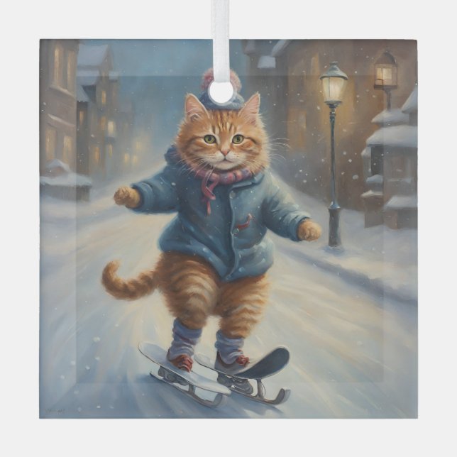 Niedlich Skaten Meowy Christmas Cat Lover Ornament Aus Glas (Vorderseite)