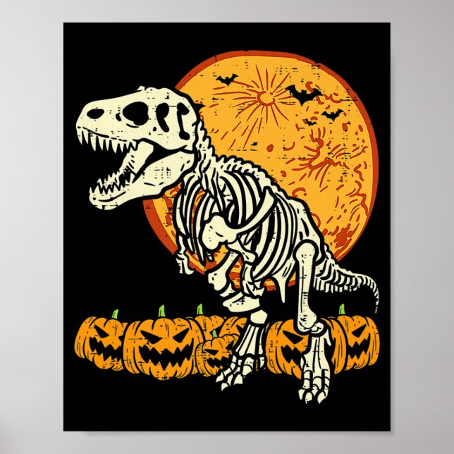 Niedlich Skeleton Dinosaur Trex Dino Pumpkins Moon Poster (Vorne)