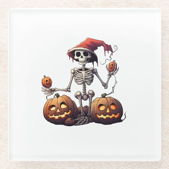 Niedlich Skeleton Halloween Hexenkürbis Glasuntersetzer (Vorderseite)