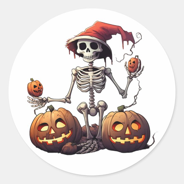 Niedlich Skeleton Halloween Hexenkürbis Runder Aufkleber (Vorderseite)