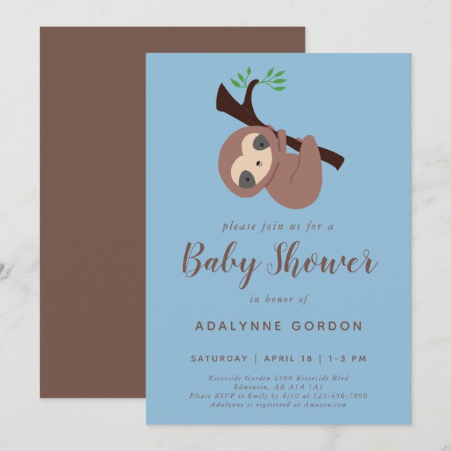 Niedlich Sloth Baby Shower Boy Blue Brown Kawaii Einladung (Vorne/Hinten)