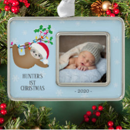 Niedlich Sloth Erstes Foto Rahmen-Ornament Silber