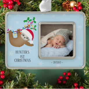 Niedlich Sloth Erstes Foto Rahmen-Ornament Silber