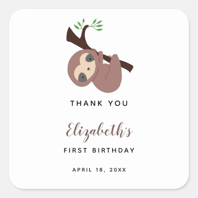 Niedlich Sloth First Birthday Adorable Animal Kawa Quadratischer Aufkleber (Vorderseite)