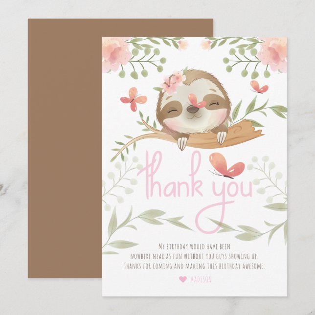 Niedlich Sloth Girl Birthday Dankeskarte (Vorne/Hinten)