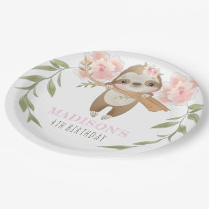 Niedlich Sloth Personalisiert Girl Geburtstag Pappteller
