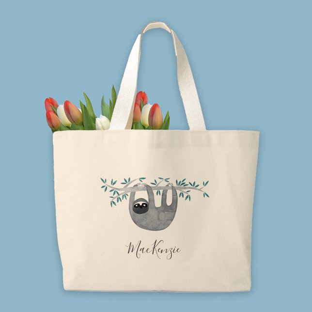 Niedlich Sloth Personalisiert Jumbo Stoffbeutel (Watercolor cute sloth with modern script name personalized large tote bag)