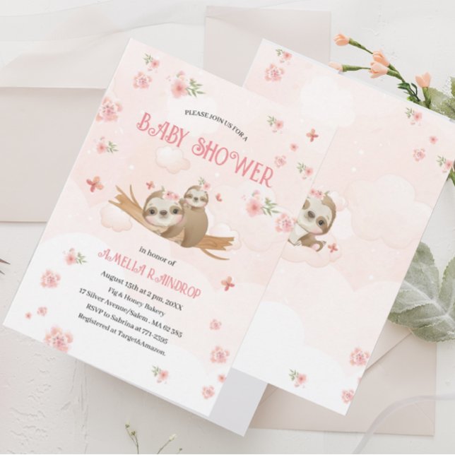 Niedlich Sloth Pink Blume Babydusche Aquarell Inn Einladung (Von Creator hochgeladen)