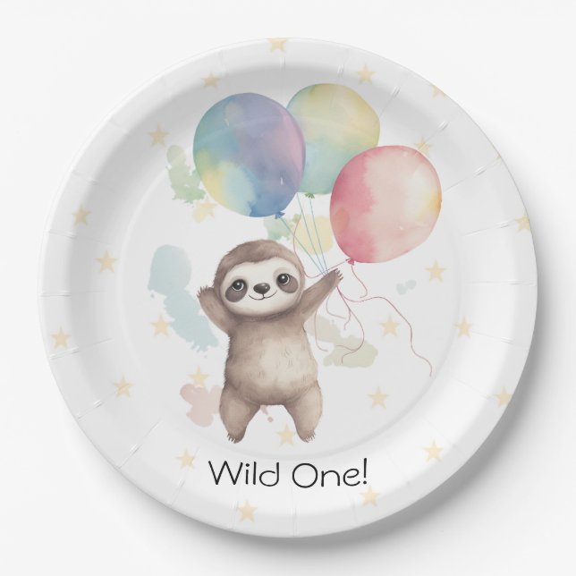 Niedlich Sloth Watercolor Balloons Wild One Birthd Pappteller (Vorderseite)
