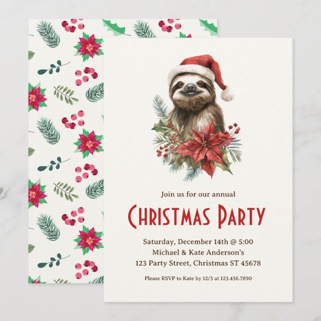 Niedlich Sloth Weihnachtsmannmütze Poinsettias Wei Einladung (Vorne/Hinten)