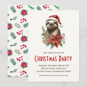 Niedlich Sloth Weihnachtsmannmütze Poinsettias Wei Einladung