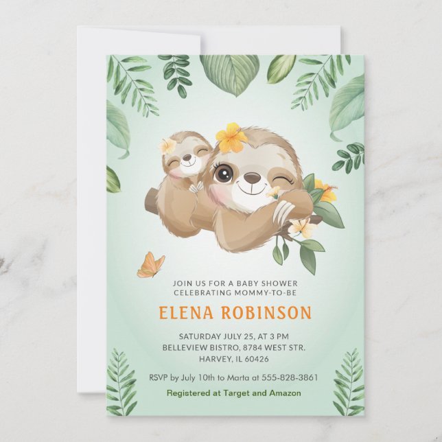 Niedlich Sloths Baby Mommy Tropical Green Baby Dus Einladung (Vorderseite)