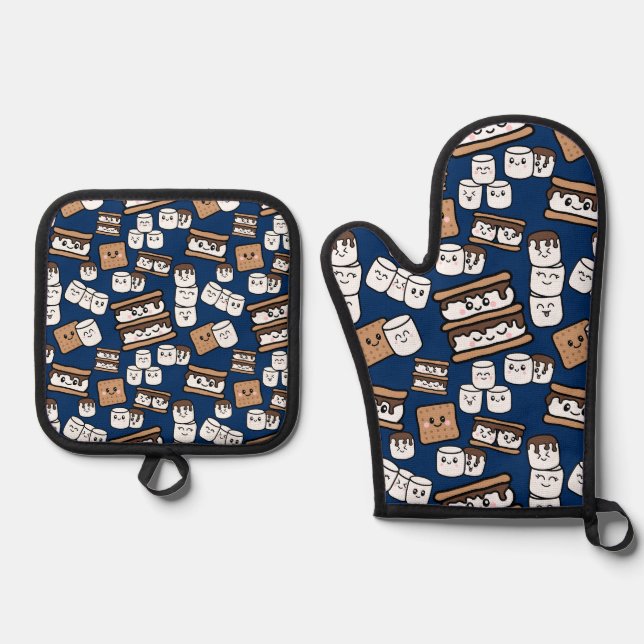 Niedlich Smores Marshmallow Illustration Ofenhandschuh & Topflappen-Set (Vorderseite)