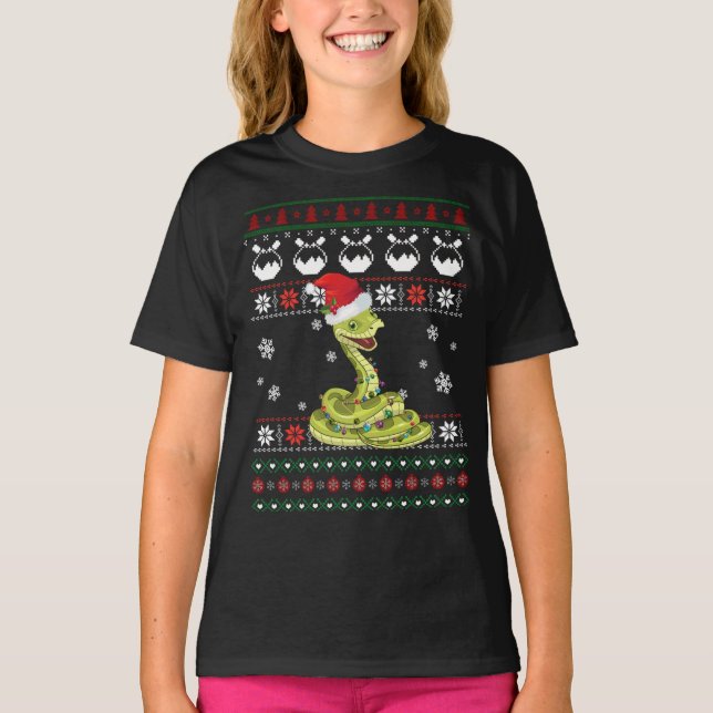 Niedlich Snake Ugly Sweater Christmas Light Pajama T-Shirt (Vorderseite)
