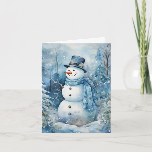 Niedlich Snowman Blue Hat & Scarf Blume Bäume Leer Karte (Vorderseite)