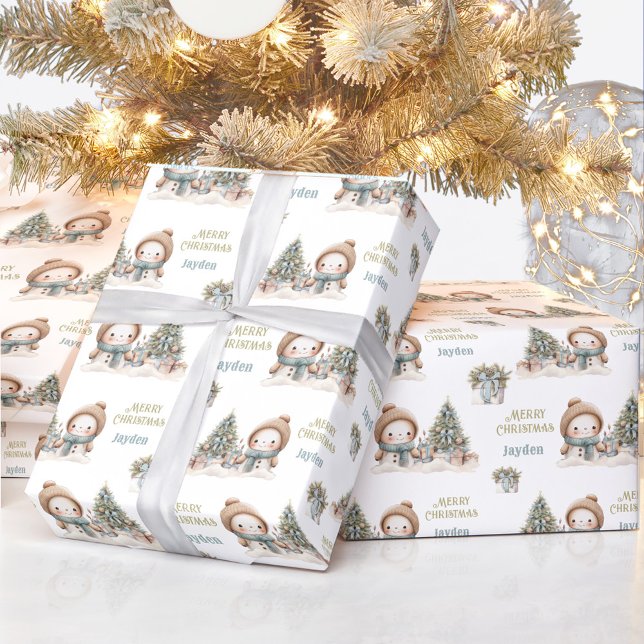 Niedlich Snowman Christmas Vintager Name Geschenkpapier (Cute Snowman Christmas Vintage Blue Name Text Wrapping Paper)