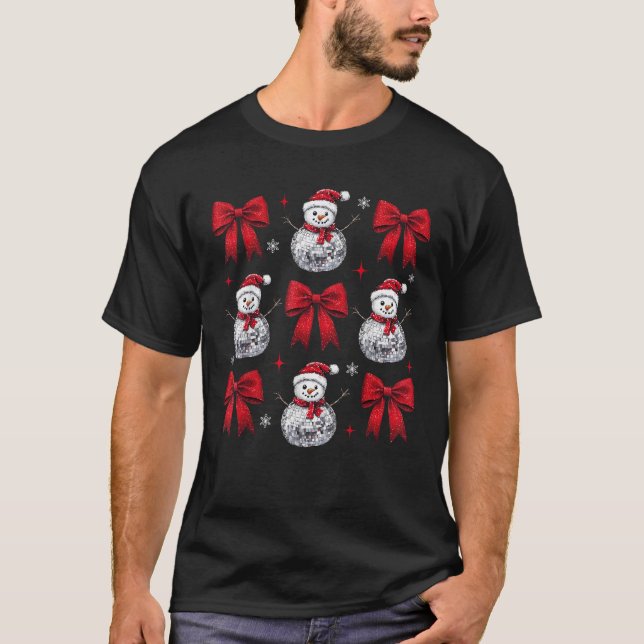 Niedlich Snowman Diskothek Ball Coquette Roter Bow T-Shirt (Vorderseite)