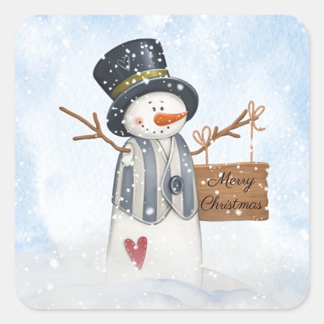 Niedlich Snowman Kids Watercolor Winter Weihnachte Quadratischer Aufkleber (Vorderseite)