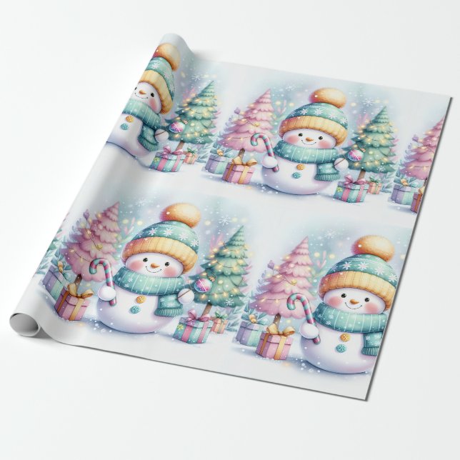 Niedlich Snowman Pastel Weihnachten Große Größe Geschenkpapier (Ungerollt)