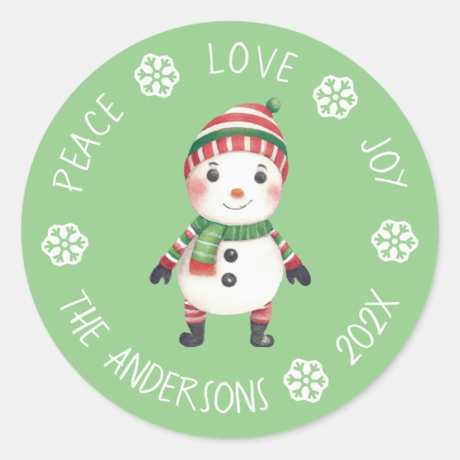 Niedlich Snowman Peace Liebe Joy Snowflake Weihnac Runder Aufkleber (Vorderseite)