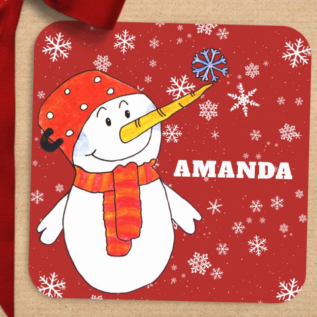 Niedlich Snowman Personalisiert Kids Weihnachten Quadratischer Aufkleber (Von Creator hochgeladen)