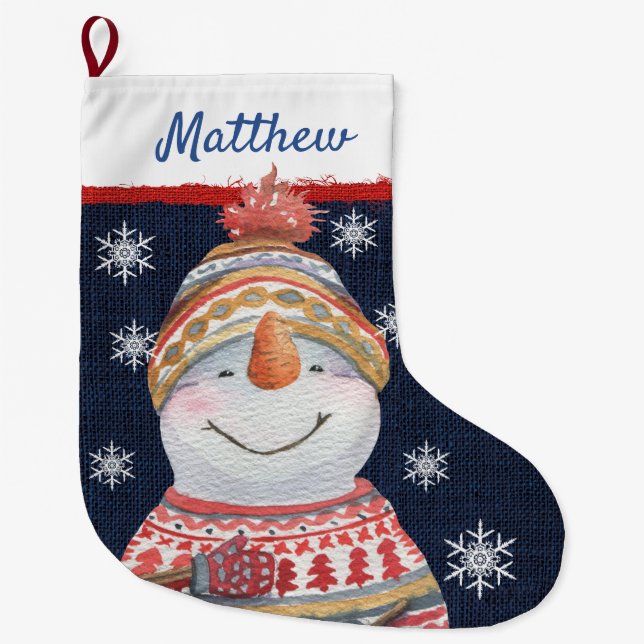 Niedlich Snowman Red Green Sweater Hat Snowflakes  Großer Weihnachtsstrumpf (Vorderseite)