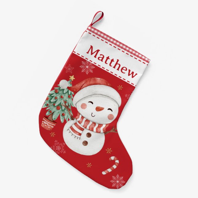 Niedlich Snowman Tree Candy Cane Red Gingham Kleiner Weihnachtsstrumpf (Vorderansicht (hängend))