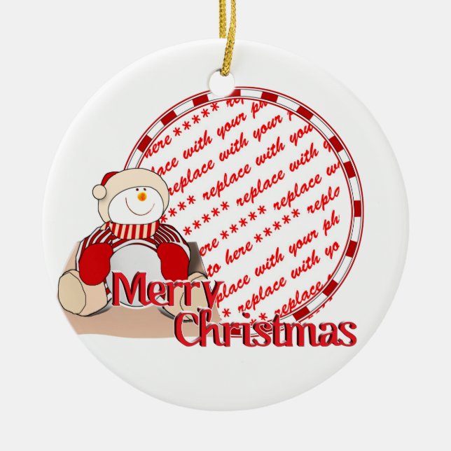 Niedlich Snowman Weihnachtsrahmen für Fotos Keramikornament (Vorne)