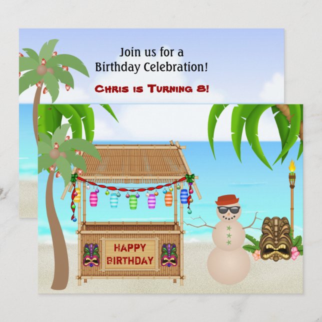 Niedlich Snowman Winter Beach Geburtstag Einladung (Vorne/Hinten)