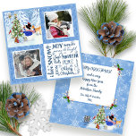 Niedlich Snowman Woodland Snow Weihnachtsfamilien  Feiertagskarte<br><div class="desc">Der bezaubernde Schneemann und seine Waldtierfreunde schmücken einen Weihnachtsbaum in einem schneebedeckten Wald. Ein Hirsch, Eule, Kaninchen, Igel und Rotwild feiern den Urlaub. Typografie Textwortkunst vermittelt viel von dem, was uns Freude in dieser Saison gibt. Zwei Familienfotos können mit Ihrer persönlichen Botschaft auf der Rückseite personalisiert werden. Gib eine Karte,...</div>