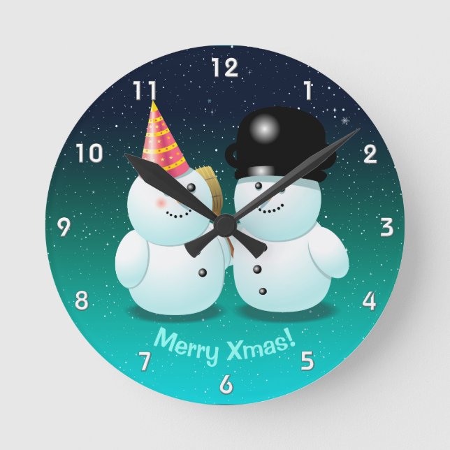 Niedlich Snowmen Cartoon Runde Wanduhr (Vorderseite)