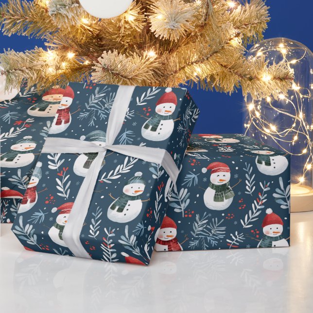Niedlich Snowmen Greenery Blauer Weihnachten Geschenkpapier (Feiertage)