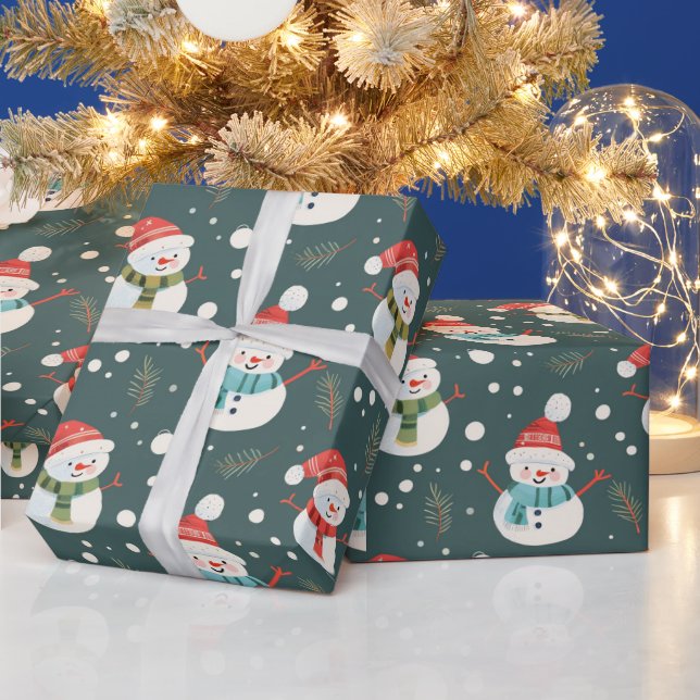 Niedlich Snowmen Grüne Schnee Grün Weihnachten Geschenkpapier (Feiertage)