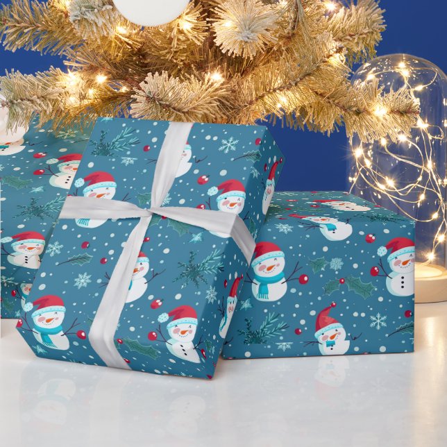 Niedlich Snowmen Grüne Snow Blue Weihnachten Geschenkpapier (Feiertage)