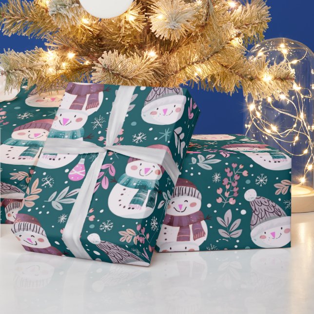 Niedlich Snowmen Grüne Snowflakes Grün Weihnachten Geschenkpapier (Feiertage)
