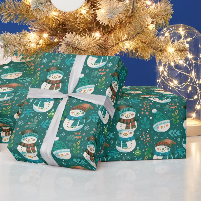 Niedlich Snowmen Grüne Snowflakes Grün Weihnachten Geschenkpapier (Feiertage)
