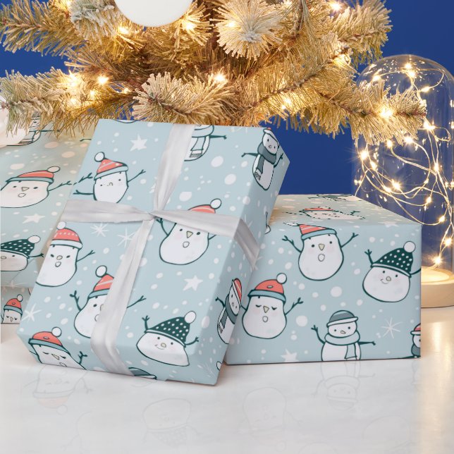 Niedlich Snowmen Schneeflocken Blaue Weihnachten Geschenkpapier (Feiertage)