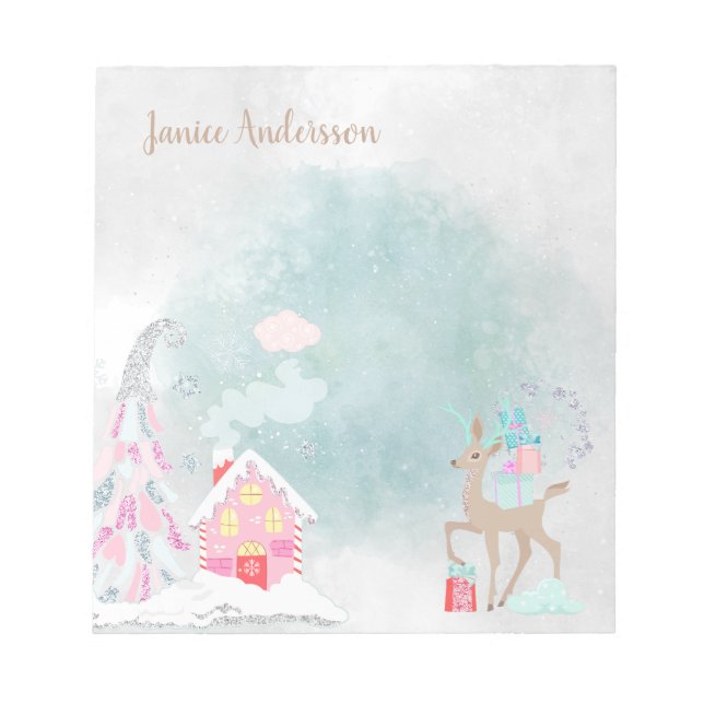 Niedlich Snowy Blue Pink Weihnachten Hirschfest Wi Notizblock (Vorderseite)