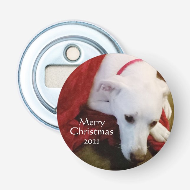 Niedlich Snowy White Puppy Dog Red Christmas Flaschenöffner (Vorderseite)