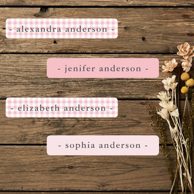 Niedlich Soft Pink Gingham Kids Waterproof Name Etiketten (Cute Soft Pink Gingham Kids Waterproof Name Labels)